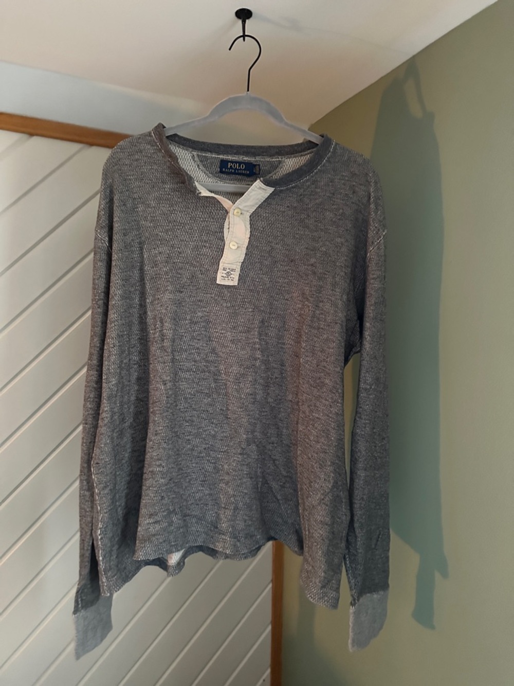 Polo by Ralph Lauren Gray Henley with White Placket. Gently worn. Size large.